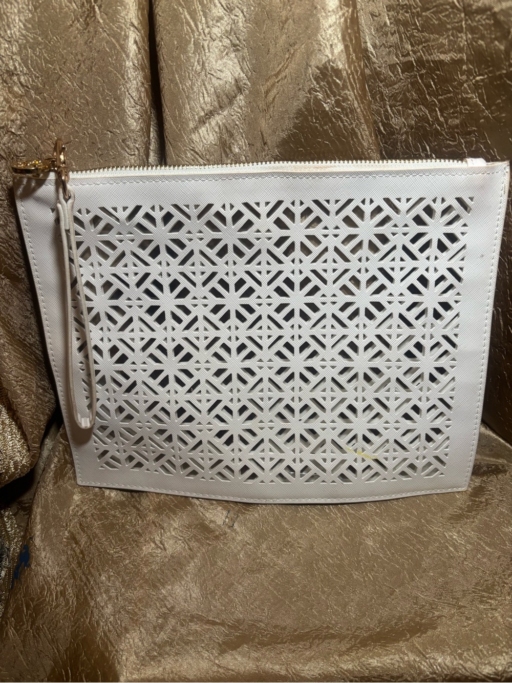 Tory Burch White Laser-Cut Wristlet Clutch